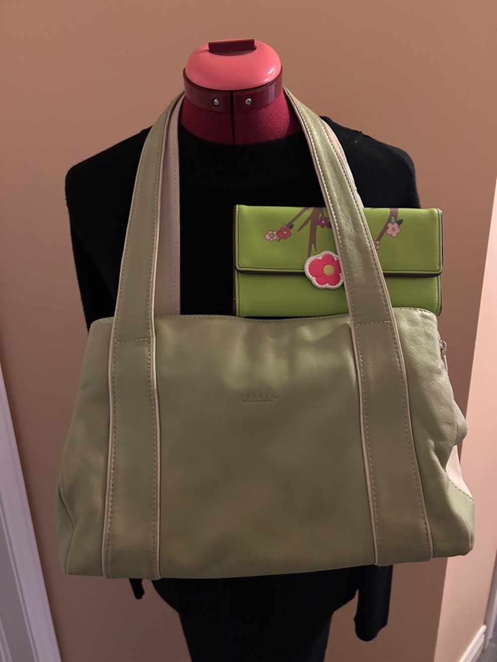 Green Leather Tote with Floral Wallet - Classic Everyday Carry